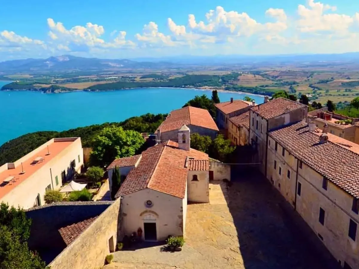 Birds eye view of medieval hill town of Tuscany